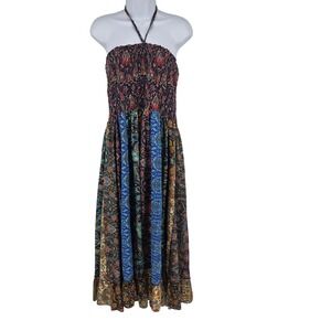 Earthbound Trading Co Womens XL Paisley Patchwork Smocked Halter Maxi Dress Boho